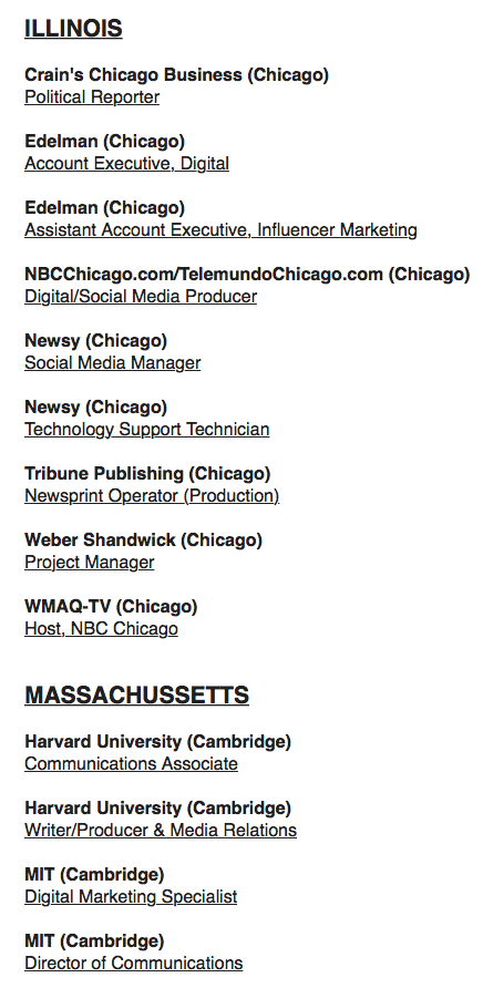 MEOjobs's tweet photo. WE'VE GOT JOBS! Saturday's list features:

Associate Producer @colbertlateshow
Director, Instagram @nytimes
Managing Editor @CBSThisMorning
Producer @NBCNightlyNews

See full list of 100: https://t.co/cYmCiPDeT4

CC: @NABJ @spj_tweets @sajahq @aajanewyork @PRSA @PRSSANational https://t.co/PLN9bYueKT