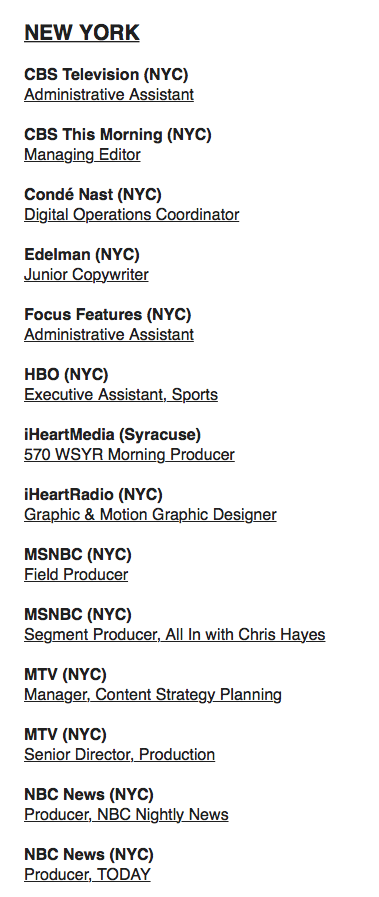 WE'VE GOT JOBS! Saturday's list features:

Associate Producer <a href="/colbertlateshow/">The Late Show</a>
Director, Instagram <a href="/nytimes/">The New York Times</a>
Managing Editor <a href="/CBSThisMorning/">CBS Mornings</a>
Producer <a href="/NBCNightlyNews/">NBC Nightly News with Tom Llamas</a>

See full list of 100: mailchi.mp/meojobsonline/…

CC: <a href="/NABJ/">#NABJ Headquarters ✊🏾🖊️🎙️💻 📷 🎥 📝 🔈</a> <a href="/spj_tweets/">Society of Professional Journalists</a> <a href="/sajahq/">South Asian Journalists Association</a> <a href="/aajanewyork/">AAJA New York</a> <a href="/PRSA/">PRSA</a> <a href="/PRSSANational/">PRSSA</a>