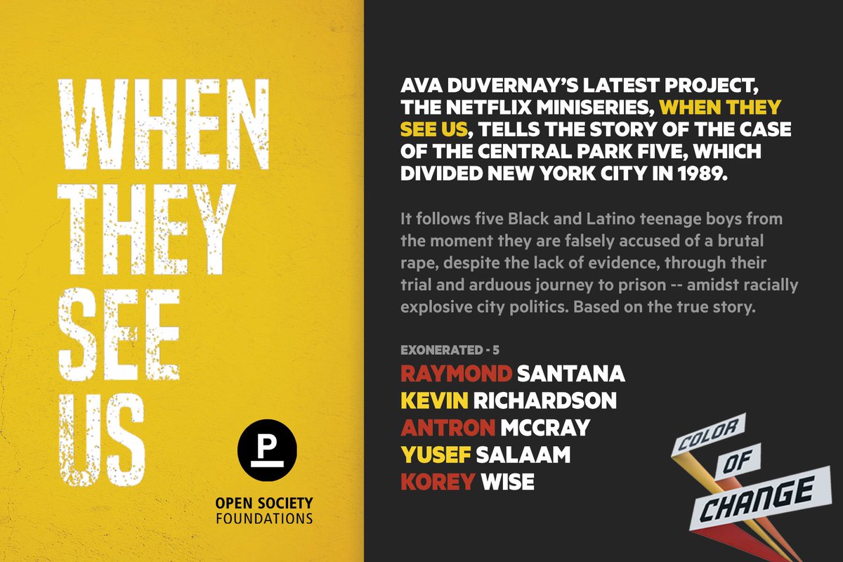 Powerful. Impactful. Emotional. Truth. #WhenTheySeeUs is such an important story to be told. Watch now on @Netflix. After viewing, turn your rage about the criminal injustice system into action. Join us as we fight for #WinningJustice for Black folks. act.colorofchange.org/signup/WhenThe…