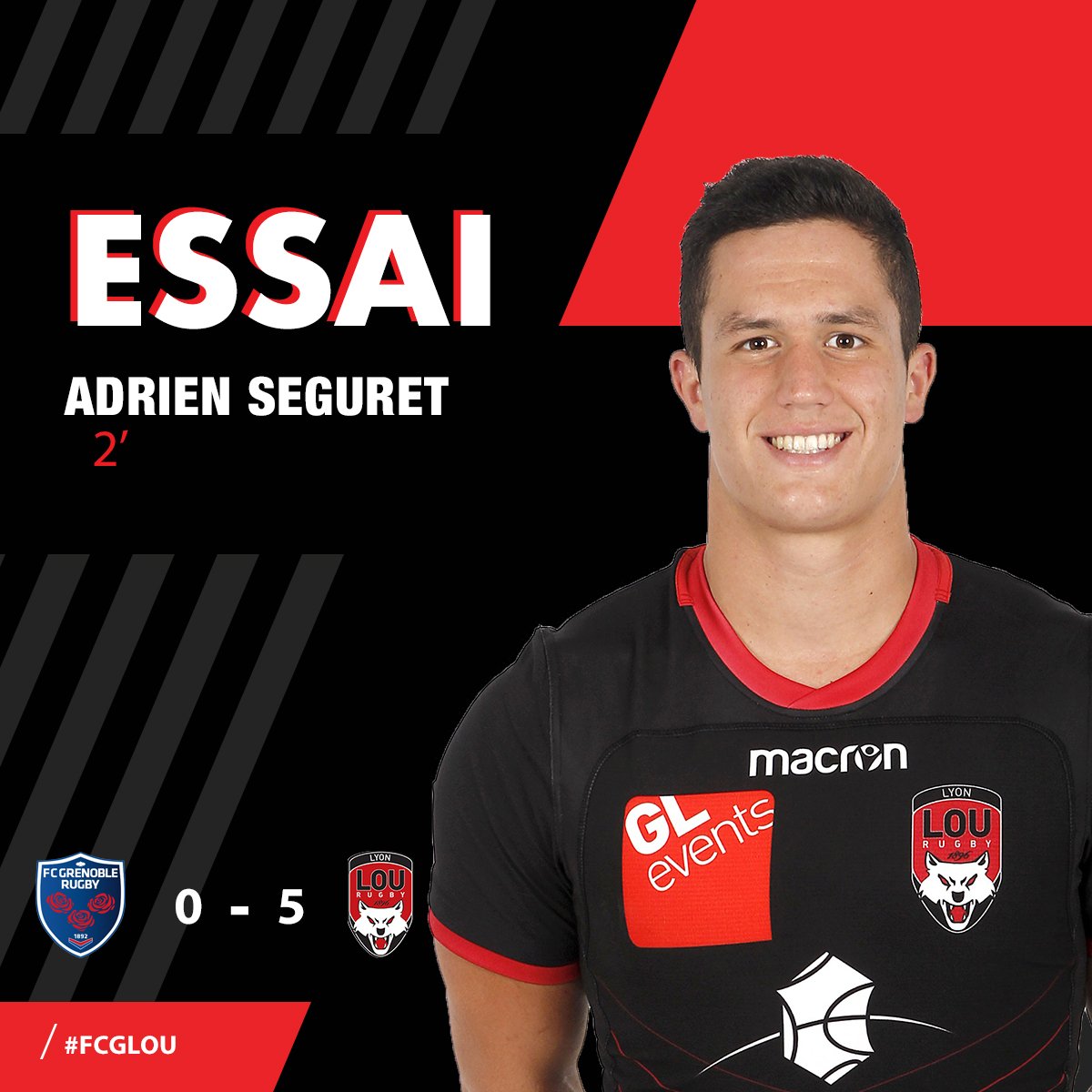 LeLOURugby's tweet image. 2' (0-5) ESSAI POUR LE LOU RUGBY ! Magnifique petit coup de pied de Doussain pour traverser la défense grenobloise. Adrien Seguret est rapide et peut arriver le premier sur le cuir pour aplatir. #FCGLOU #TEAMLOU #TOP14