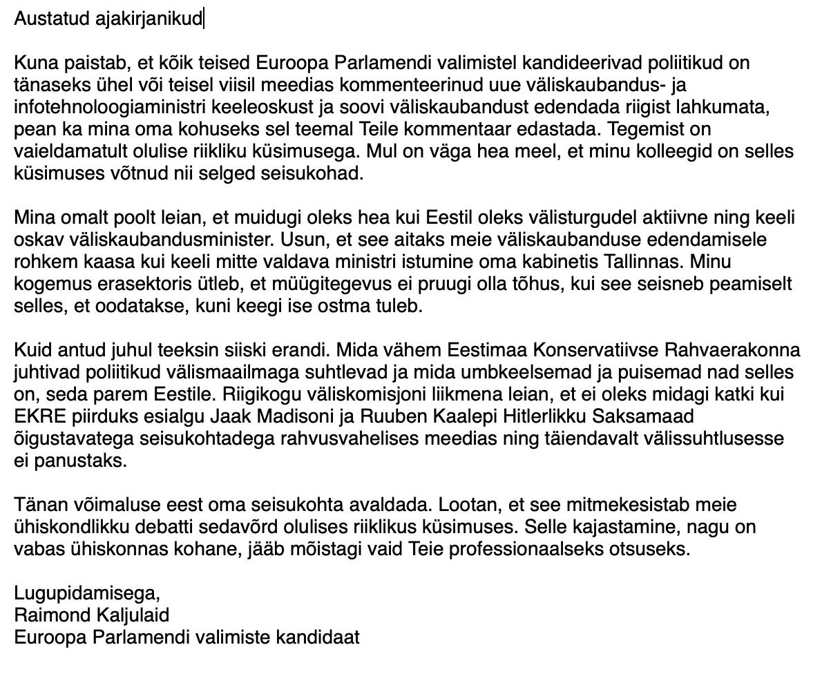 PRB_Raimond's tweet photo. Otsustasin, et ka mina pean võtma sõna sedavõrd olulises päevapoliitilises küsimuses nagu proua Kingo keeleoskus. Leian üldiselt, et see on Eesti huvides, kui EKRE poliitikud ei külasta välisriike. https://t.co/cJacQo3HK7