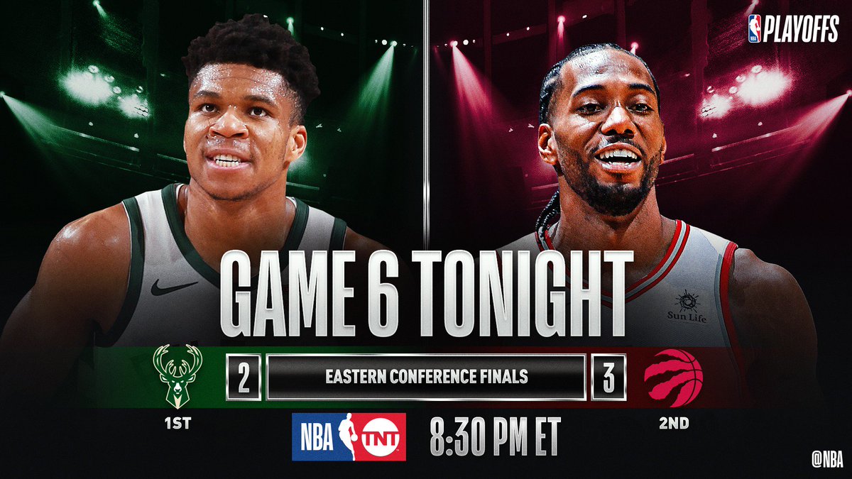 NBA's tweet photo. TONIGHT'S ECF GAME 6 CLASH! #NBAPlayoffs

8:30pm/et: (1) MIL 2-3 (2) TOR, TNT https://t.co/1TIbwwXKgn