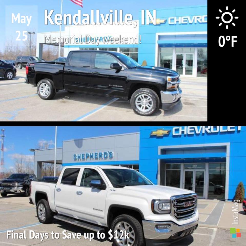 Time is running out to save up to $12,000 OFF MSRP on all remaining 2018 Chevy Silverado's and GMC Sierra pick up trucks while they last!! Stop in and see Chase, Byron or Gavin today! #happymemorialdayweekend