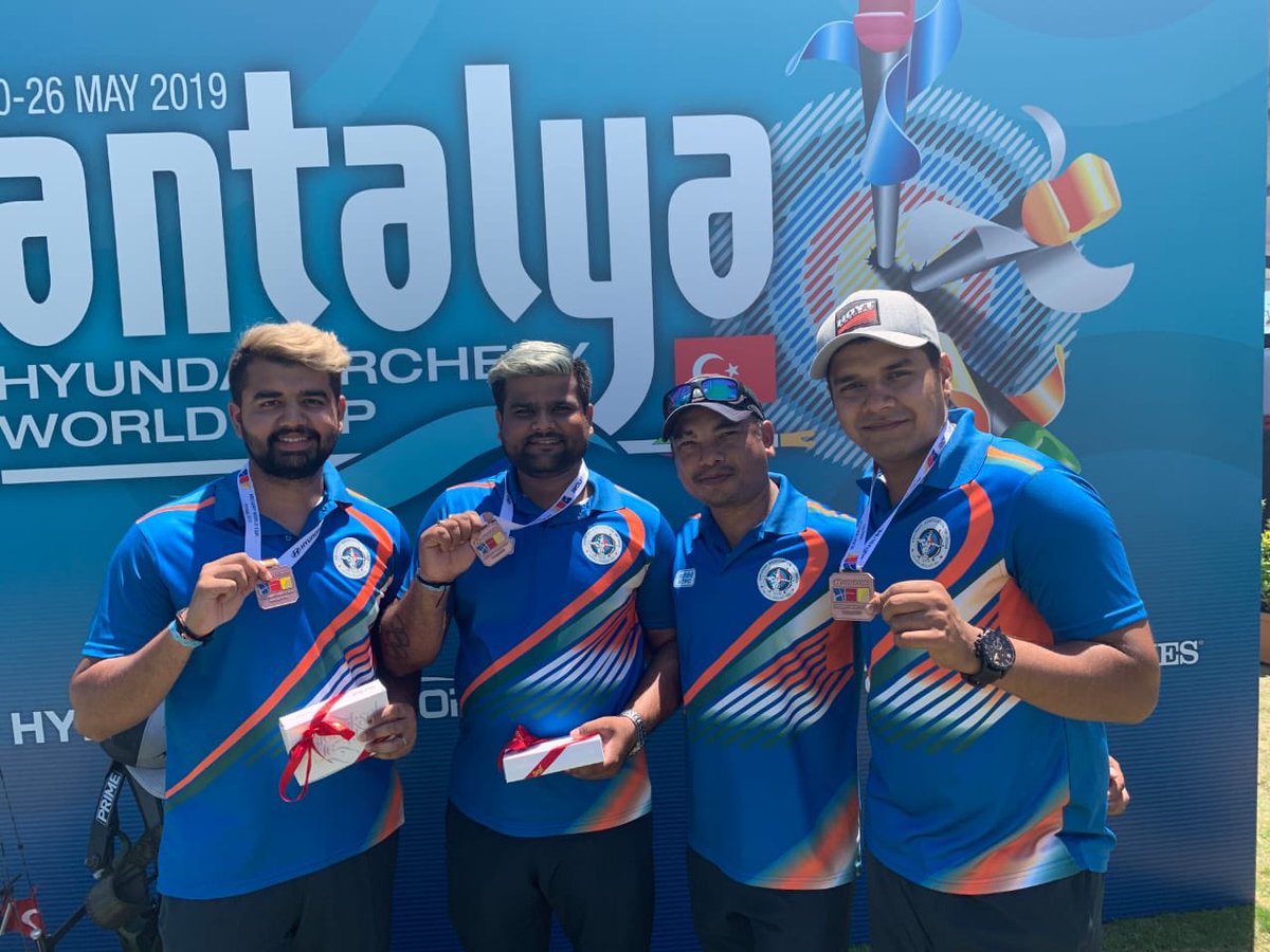 archer_abhishek's tweet photo. Happy to end the #WorldCup Stage 3 with a Bronze medal in the team event. 
A big thank you to everyone for the support, Delhi Govt, DDA, my sponsors, my support team, coaches, team mates, support staff and all our well wishers. Proud to bring home this medal. Jai hind 🇮🇳 https://t.co/LOlmYo4gk7