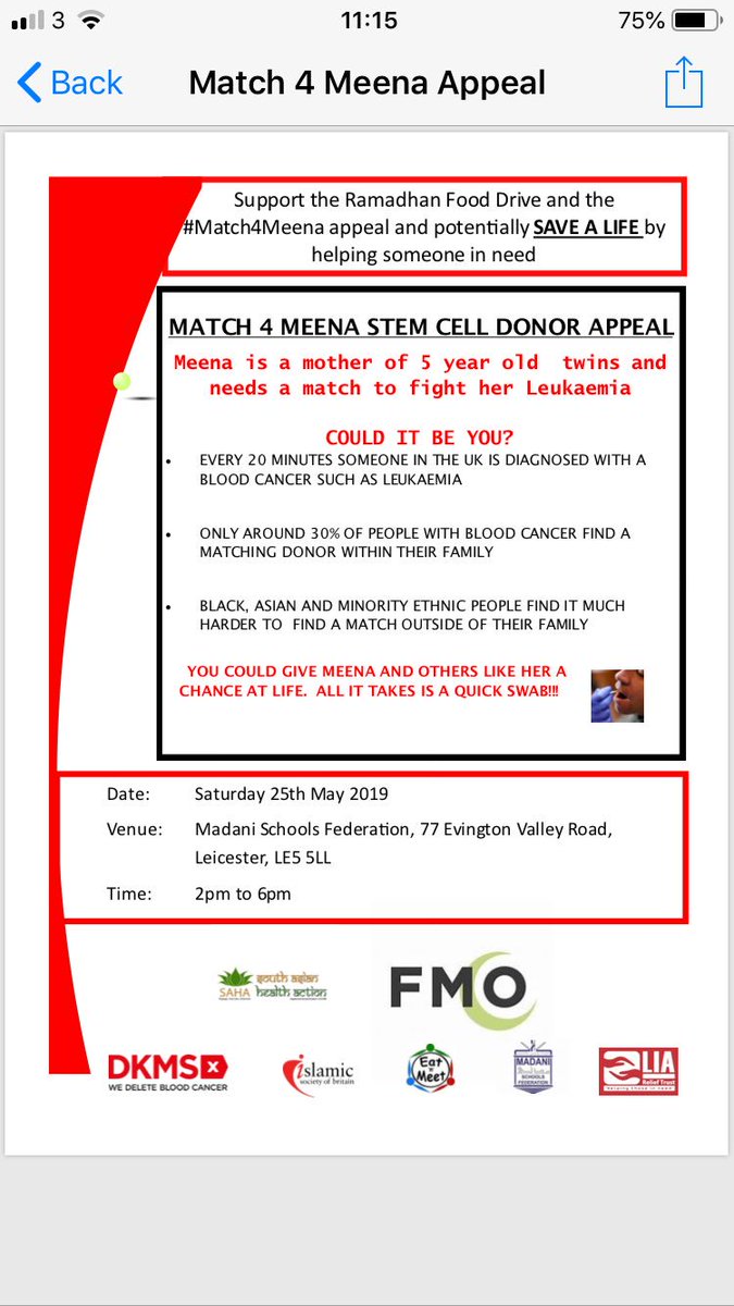 z4zubeda's tweet photo. Please support us today at Madani Schools, Evington Valley Rd, Leicester 2pm-6pm to find a Match 4 Meena. It’s a quick swab of your mouth and you can be a potential life saver. Come and see us ❤️we are counting on You #match4meena @MadaniSchools @FMO_Leics @DKMS_uk #savealife https://t.co/iaI3GbsY7q