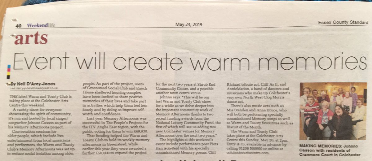 WarmToastyClub's tweet photo. Nice piece in the #EssexCountyStandard by @GazetteNeilDJ about tomorrow’s show @ColchesterArts @PiersThePoet @Cliff_As_If @miastanden #Anniemation #AnnaBruce @TNLComFund @Snippetcuts https://t.co/6dTwWVRi15