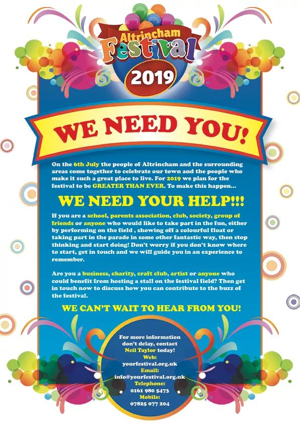 Have you thought about being a volunteer on Festival day? 
Could you be a parade marshal? 
A showground marshal? 
We rely on volunteers like you to make the Altrincham and District Festival happen.