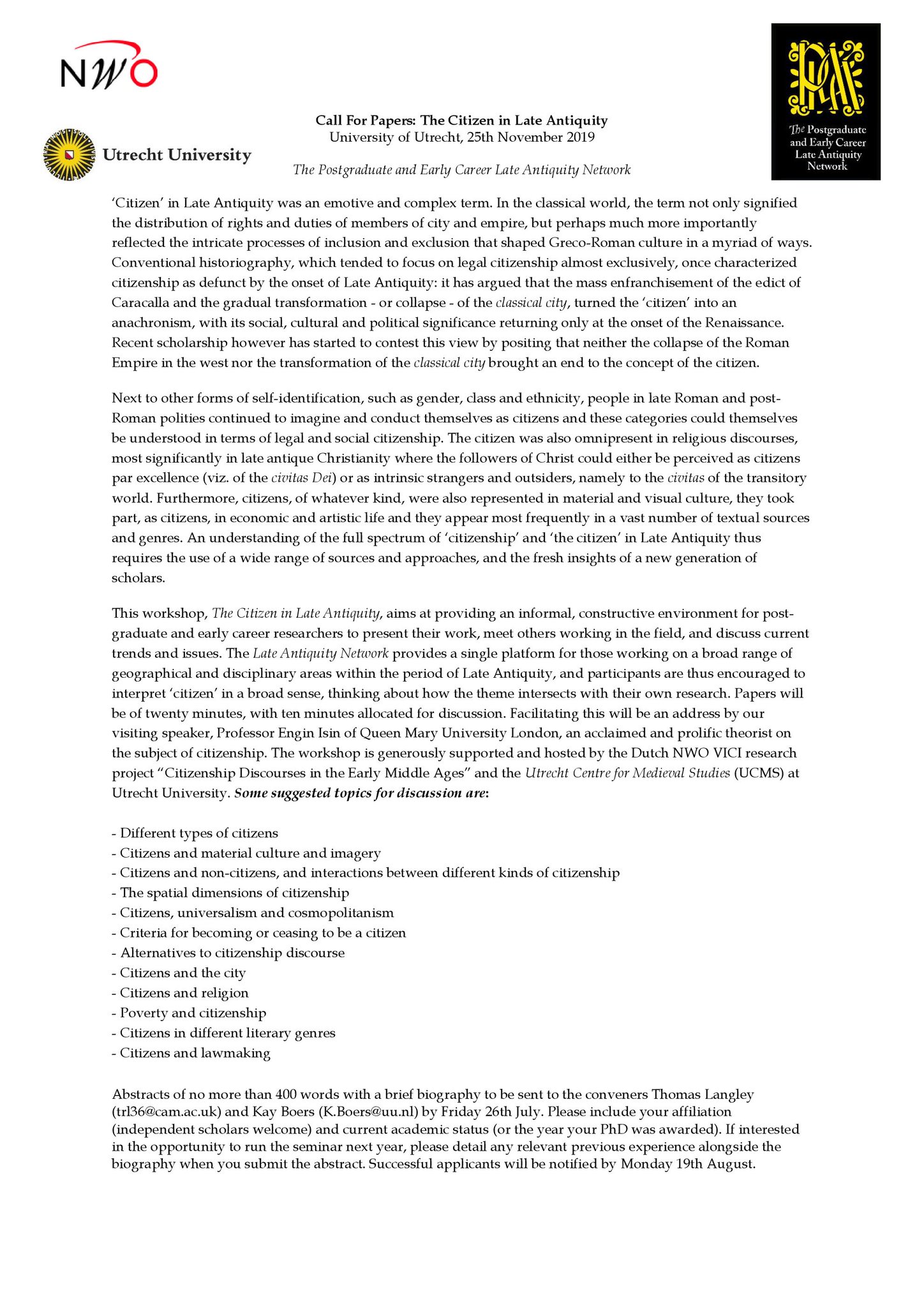 Pg Ecr Late Antiquity Network On Twitter Hi All As Some Of You May Have Seen The Cfp For Our Next Workshop On The Citizen In Late Antiquity Is Now