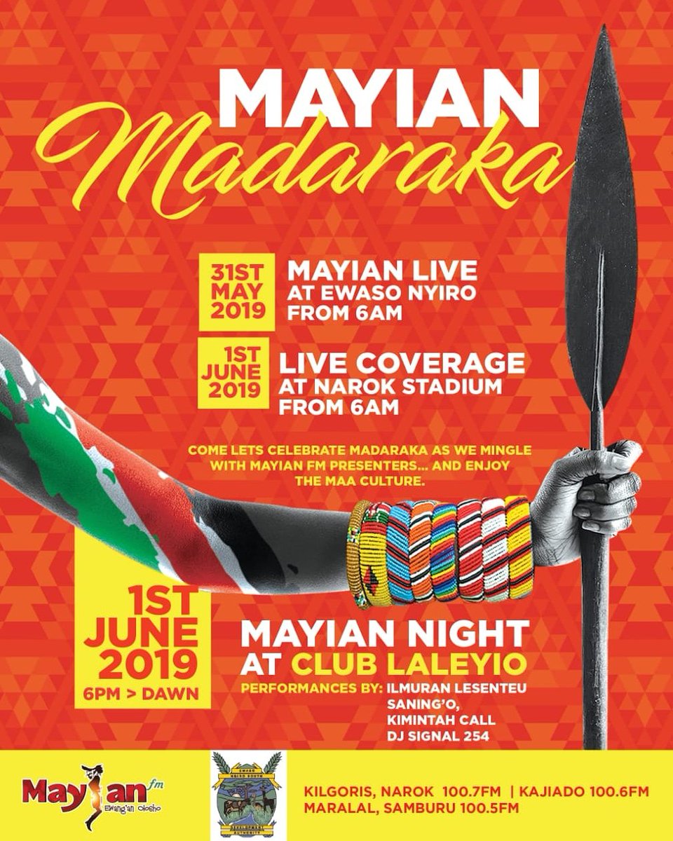 MaaFleva_Ent's tweet photo. @MadarakaDay 1st June Held @NarokCounty Narok Stadium. After party Club Laleyio as from 6pm till dawn. Entertain by @maafleva_ent
#Teammarungu
#MayianNight https://t.co/IT7QsPBlL1