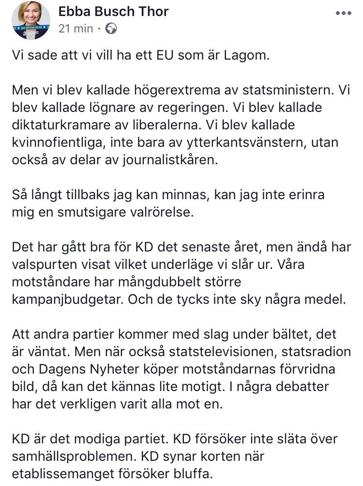 BuschEbba's tweet image. Det kanske blir dåligt väder på valdagen. Men lite regn hindrar inte den som redan stått ut med en störtskur av lögner. Gå och rösta. Rösta på ett modigt alternativ. Rösta på KD, för ett lagom EU.

Läs längre text här: facebook.com/ebbabuschthor/…