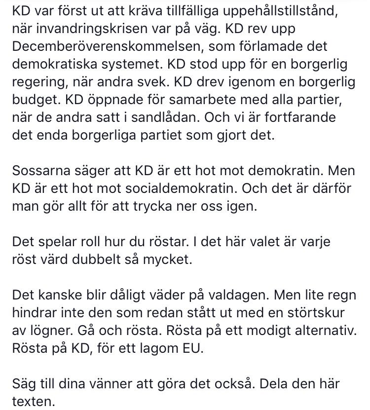 BuschEbba's tweet image. Det kanske blir dåligt väder på valdagen. Men lite regn hindrar inte den som redan stått ut med en störtskur av lögner. Gå och rösta. Rösta på ett modigt alternativ. Rösta på KD, för ett lagom EU.

Läs längre text här: facebook.com/ebbabuschthor/…