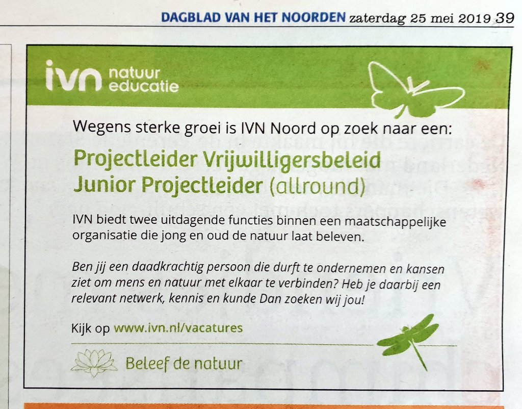 Vandaag in <a href="/dvhn_nl/">Dagblad van het Noorden</a> ! Kom jij bij ons werken ? <a href="/IVNRegioNoord/">IVN Regio Noord</a>