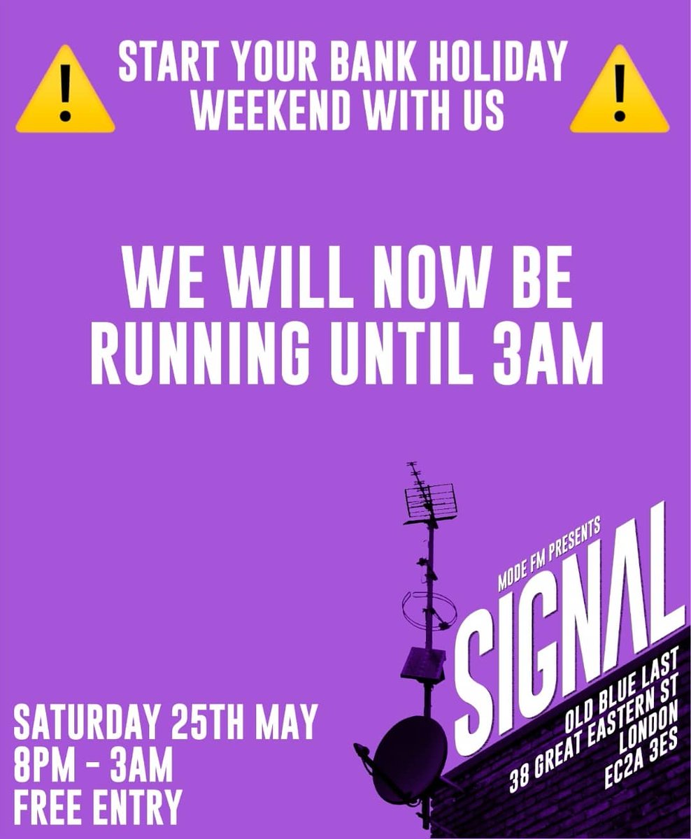 Signal is back at <a href="/theoldbluelast/">The Old Blue Last</a> tonight and we are now running until 3am for the Bank Holiday ravers!

@tiatsim <a href="/MrReeceWest/">Reece West 🌍</a> <a href="/MrTenDixon/">Skeng10</a> <a href="/swarvo1/">Swarvo</a> <a href="/JonEClayface/">Jon E Clayface</a> @boylanuk @AliVelmi @hoodztbe

And remember it's free entry so no excuse!

#Grime #Dubstep #HipHop 
#Footwork #Bass