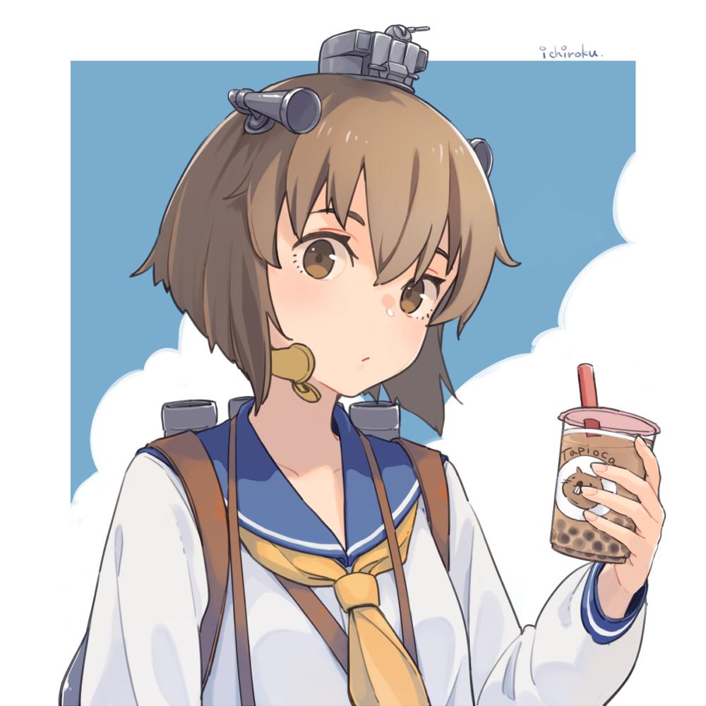 yukikaze (kancolle) 1girl solo speaking tube headset bubble tea short hair brown hair brown eyes  illustration images