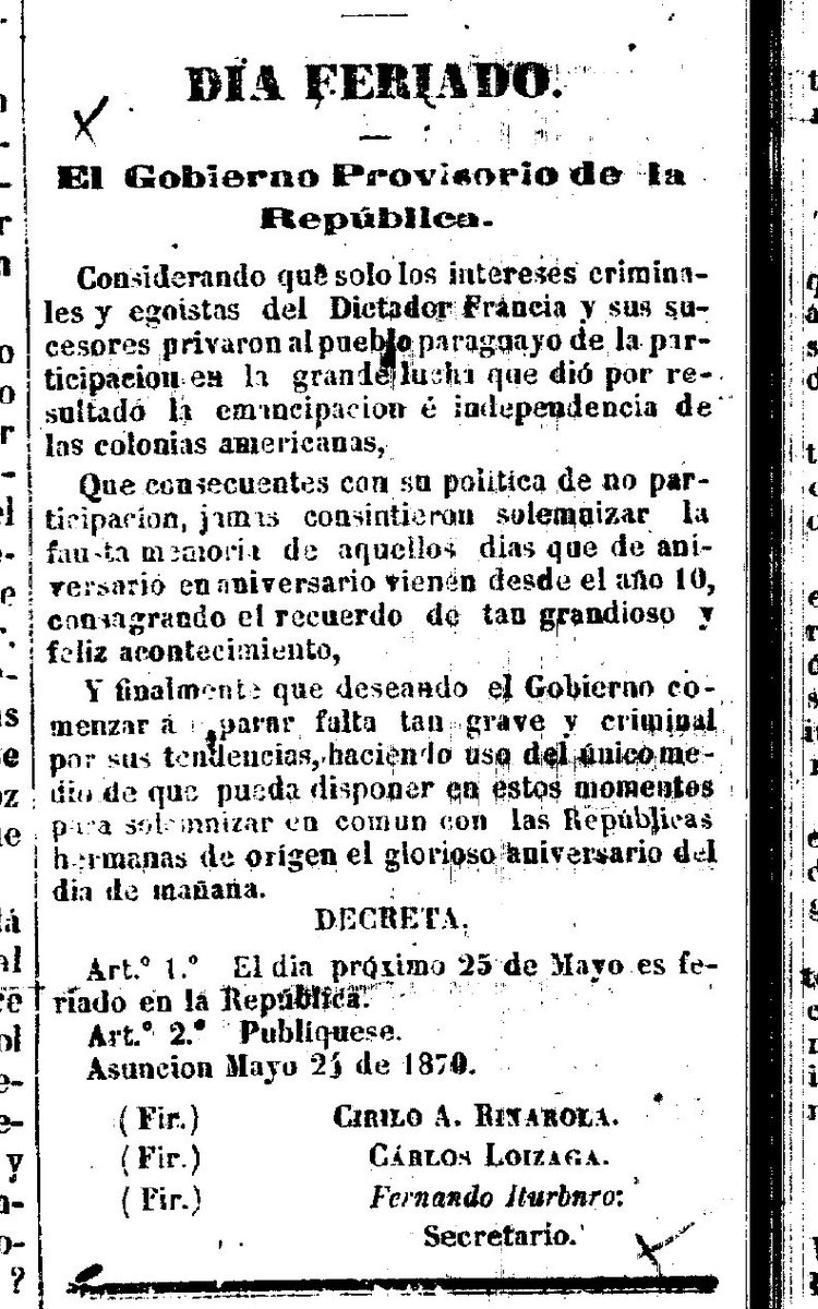 #Historia : Cuando el gobierno provisorio de 1869/1870 declaró feriado el 25 de mayo de 1870 -#Independencia de #Argentina- en el contexto de la ocupación aliada (1869-1876) del #Paraguay de posguerra.
FUENTE: Periódico "El Paraguay", Asunción: 24 de mayo de 1870, Año I, Nº 2.