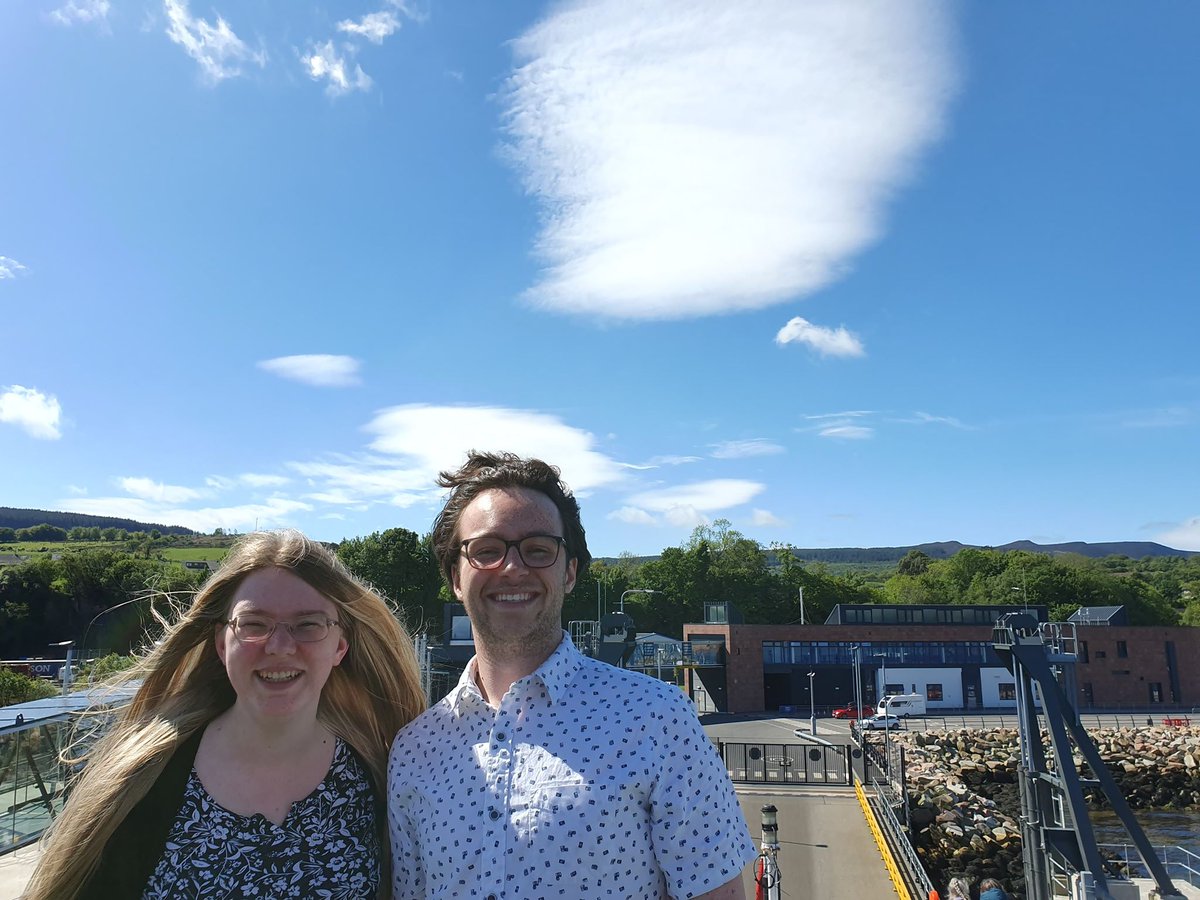 spACE_rainbows's tweet photo. Obligatory photo with @s_dempsey_ and a cute little orographically-generated lenticular cloud, courtesy of Goat Fell on #arran! #amss2019 https://t.co/k3v4CkhYOe
