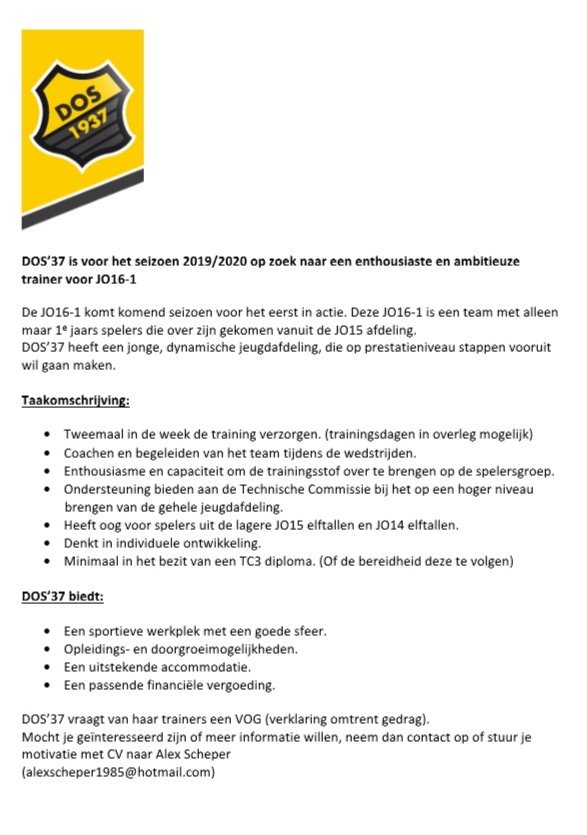 Jeugddos37's tweet photo. DOS’37 is voor het seizoen 2019/2020 op zoek naar een enthousiaste en ambitieuze trainer voor JO16-1.

Voor de volledige vacaturetekst, klik op👇🏻 https://t.co/y50yghGHM7