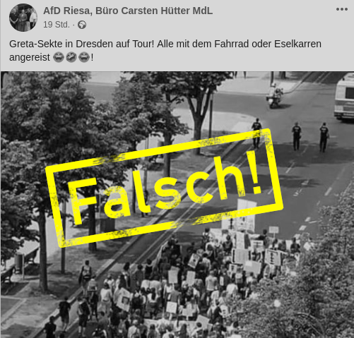 AfD_Check_SN's tweet photo. Carsten Hütter, MdL der AfD Sachsen, kommentiert zu einem Foto:
"Greta-Sekte auch in Dresden auf Tour!"

Das ist falsch, das Foto stammt aus Berlin und zeigt auch nicht die eigentliche #FridaysForFuture-Demonstration. Via @saechsischeDE 

https://t.co/MoCoxQZaXg https://t.co/oaw9UwWTFN