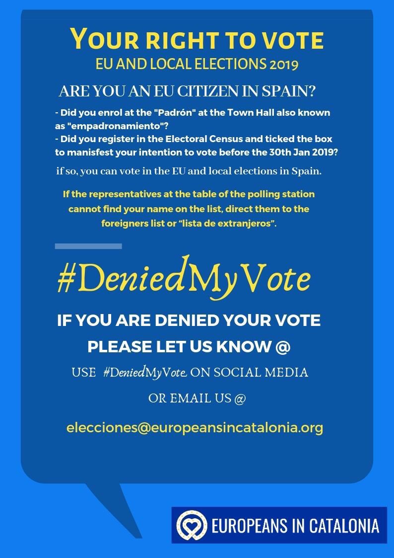 europeans_in's tweet photo. Este domingo #26M se celebran en España elecciones al Parlamento Europeo,si tienes problemas para ejercer tu derecho a voto infórmanos con las etiquetas #DeniedMyVote y #EuropeansIn o envíanos un DM o mail elecciones@europeansincatalonia.org #VotingRights #HaveYourSay. Comparte https://t.co/mCOSx5lwri