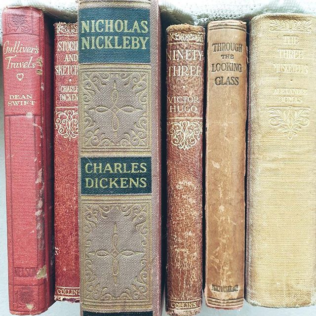 Old books are so pretty. Are there any books you have old copies of?

#bookstagram #bookworm #bookstagrammer #oldbooks #bookspines #charlesdickens #victorhugo #alexanderdumas #deanswift #gulliverstravels #thethreemusketeers #nicholasnickleby #throughthelookingglass #twitter …