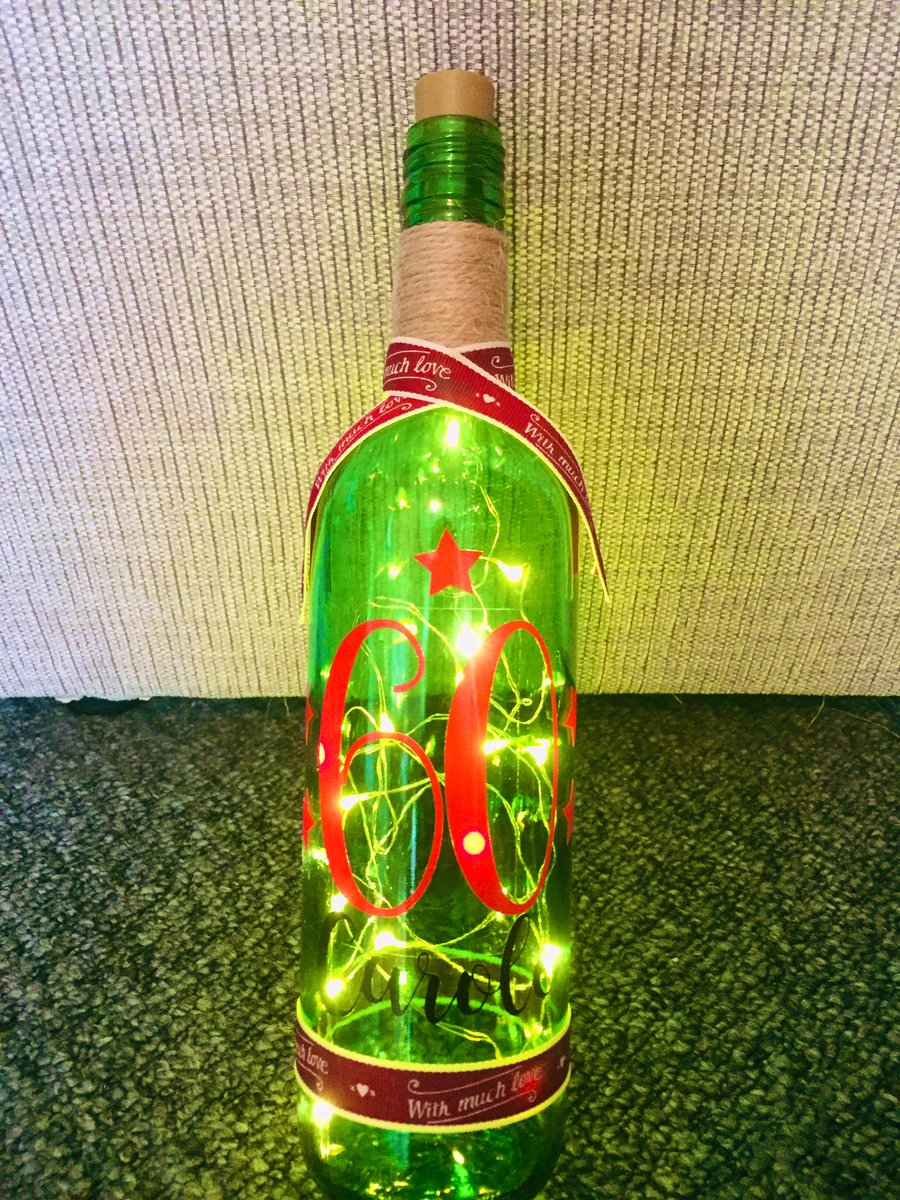 #bottlelights Special personalised 60th Birthday bottle.  £8.  #upcycledwinebottle #madewithlove #handdecorated. Tell us your requirements.