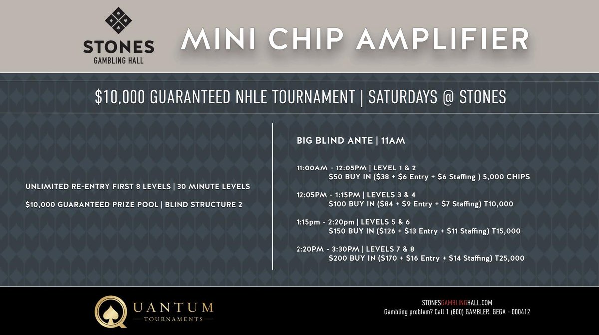 StonesGambling's tweet photo. Starts in 1 hour!
Bonus chips on levels 7 & 8!
11am $50 = 5,000 chips
12:05p $100 = 10,000 chips
1:15pm $150 = 15,000 chips
2:20pm $200 = 25,000 chips (INCREASED CHIPS!)
$10k GTD
#BBAnte
Don't miss it, tomorrow and every Saturday!
GEGA-000412
1800GAMBLER https://t.co/XjuKqoE6EA