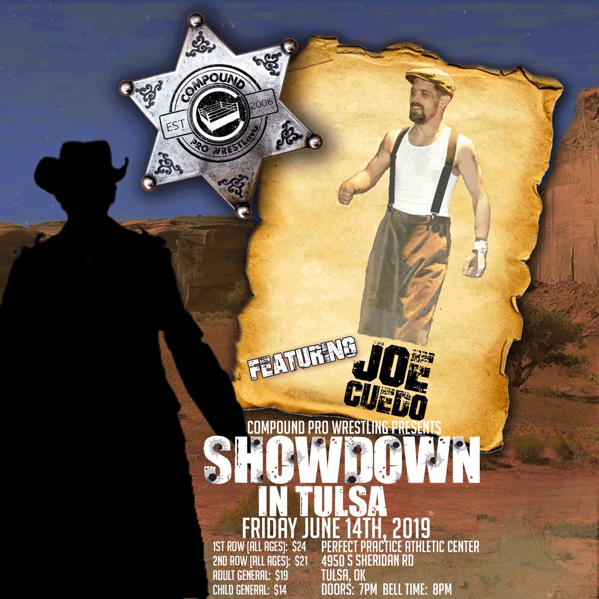 Compoundpw's tweet photo. .@CuedoJoe will be competing at #CompoundProWrestling Presents: SHOWDOWN IN TULSA Friday June 14th, 2019.  Advanced will call tickets are selling very fast.  Get your will call tickets now at https://t.co/ToyIxR348t https://t.co/M9iAoL7dmk