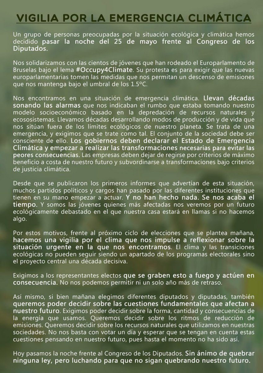 Algunas activistas por el clima han decidido pasar hoy la noche frente al Congreso de los Diputados, en apoyo a nuestras compañeras que han ocupado hoy el Parlamento en Bruselas. Luchamos por el clima hoy, y todos los días.

#Occupy4Climate
#EmergenciaClimáticaYA