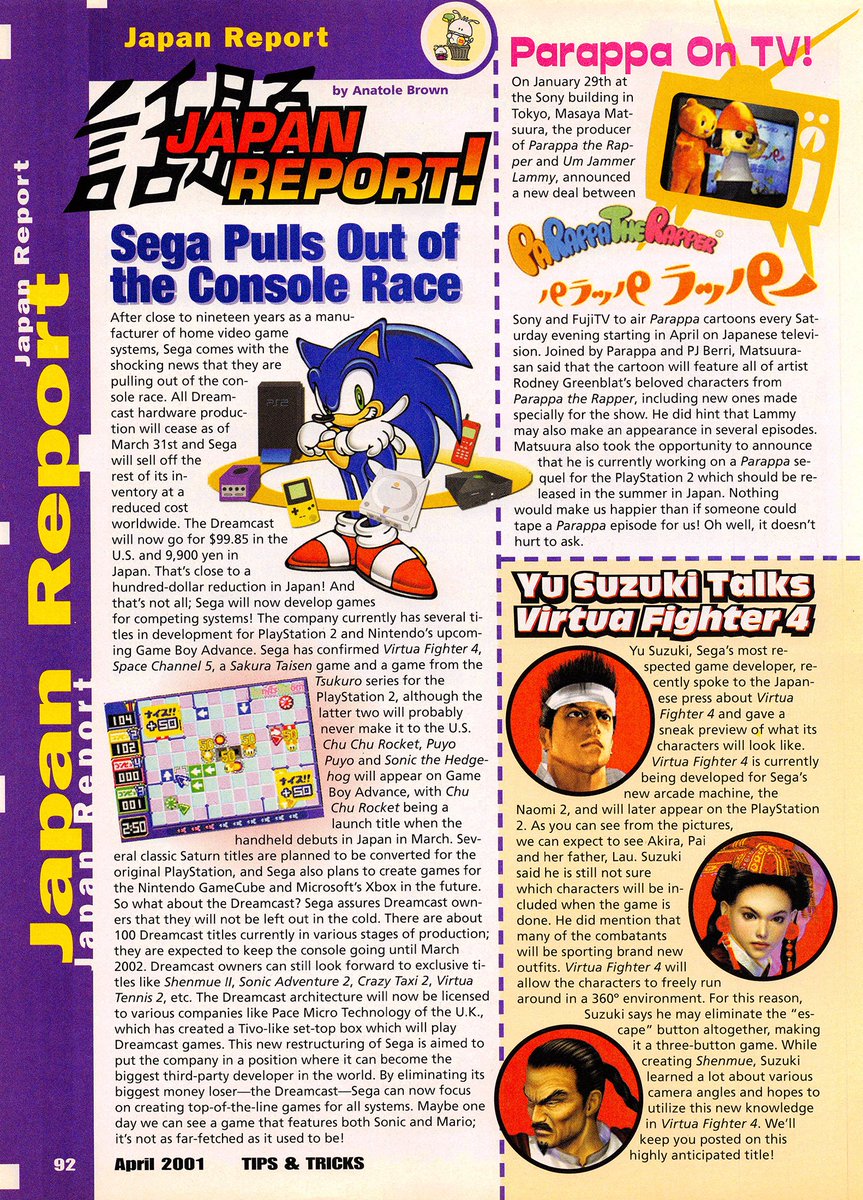 VGArtAndTidbits's tweet photo. Japan Report from Tips &amp; Tricks - April (2001). Some interesting stuff here, including some rarely seen Parappa The Rapper concept art. https://t.co/watqZO2OCQ