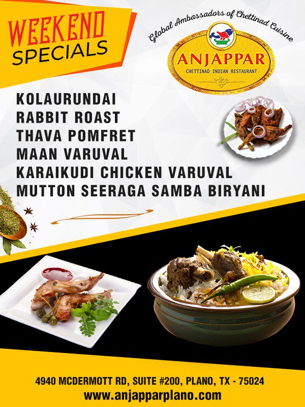 Anjapparplano's tweet photo. Experience the Deliciousness in every bite with our all weekend specials

Visit Us: https://t.co/5gsyl10MIp

#AnjapparChettinad #Plano #Indianrestaurant #family #biryani #pack #specials #Menu #dishes #tasty #yummy #crispy #licking #online #order #delivery #chettinad https://t.co/dgmlQ3TxcG