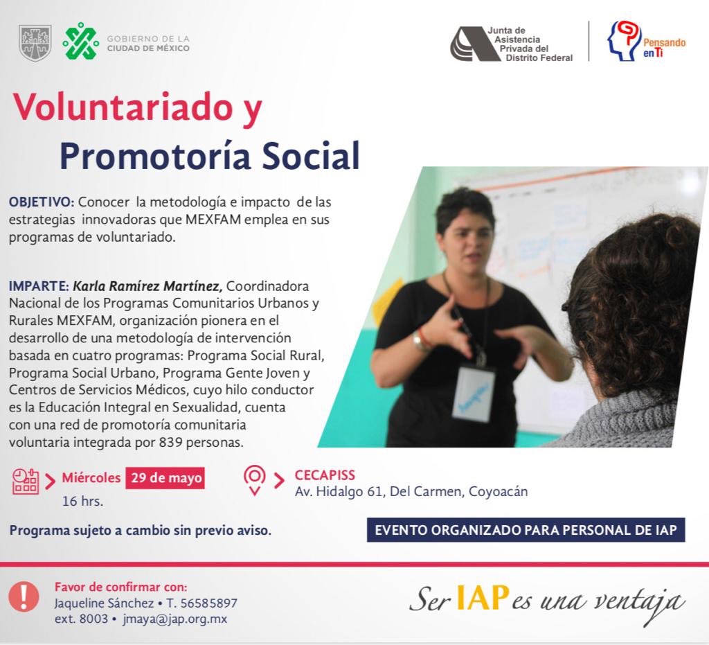 JAP_CDMX's tweet photo. No olvides inscribirte a la plática: Voluntariado y Promotoría Social que impartirá  @MexfamAC en el #Cecapiss. 

Te esperamos. https://t.co/OcycHzzcaW