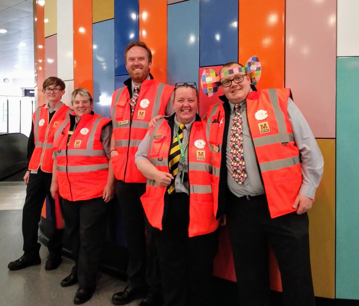 My_Metro's tweet photo. Customer Service Staff at Haymarket wearing their ties for Elmers 30th 
#Elmer30 @greatnorthelmer @stoswaldsuk https://t.co/oG0gnFYFaj