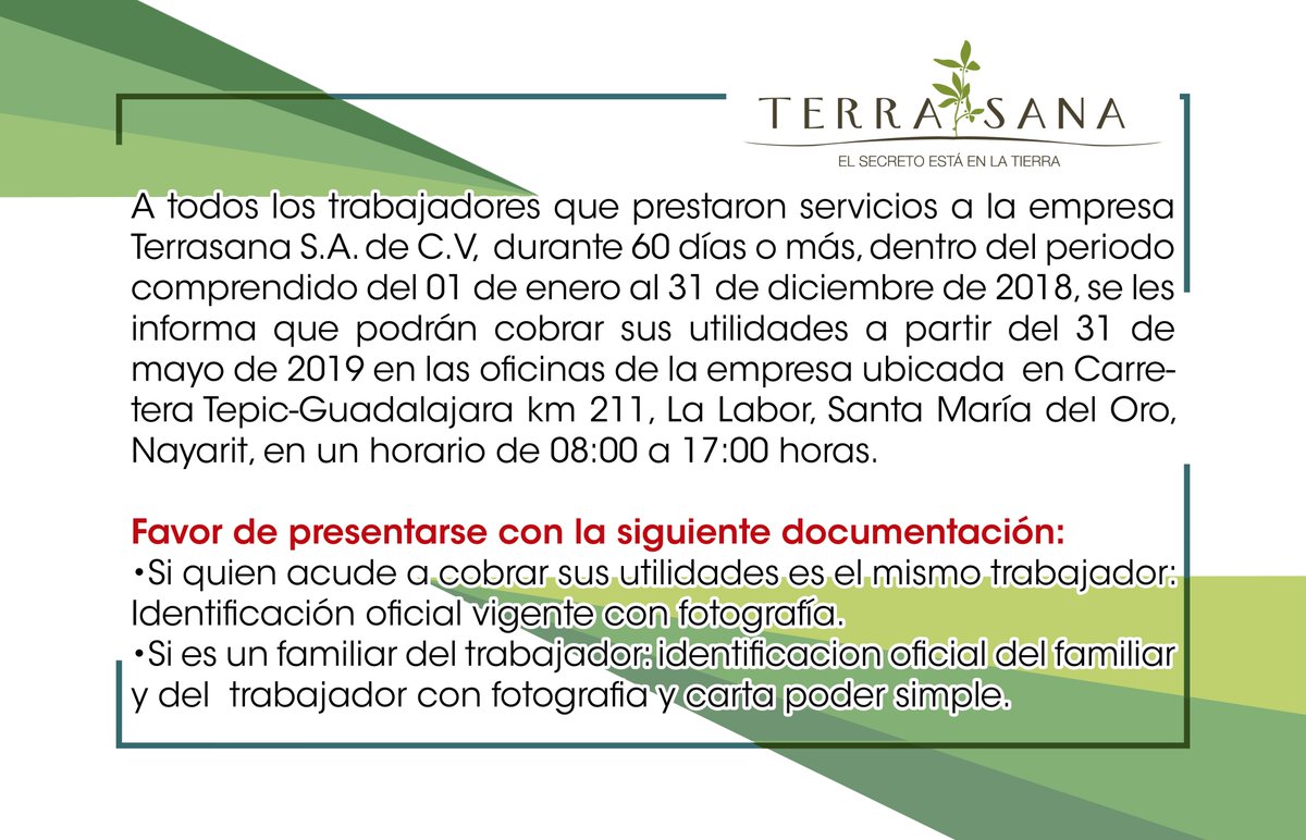 Compostverde's tweet image. 🔴🔴Si prestaste servicio a Terrasana durante 60 días o más dentro del periodo del 01 de enero al 31 de diciembre de 2018. Podrás pasar a cobrar tus utilidades a partir del 31 de mayo de 2019.❗️❗️❗️

Checa los documentos que necesitas.👇👇👇