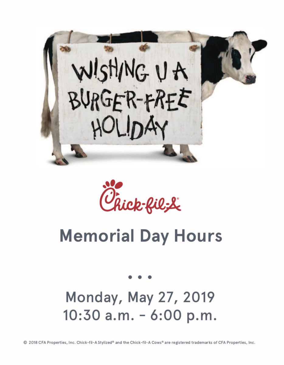 OswegoCFA's tweet photo. To honor Memorial Day, on Monday, May 27,  #CFAOswego will be open from 10:30 a.m to 6:00 p.m. https://t.co/tqitJHJJCZ