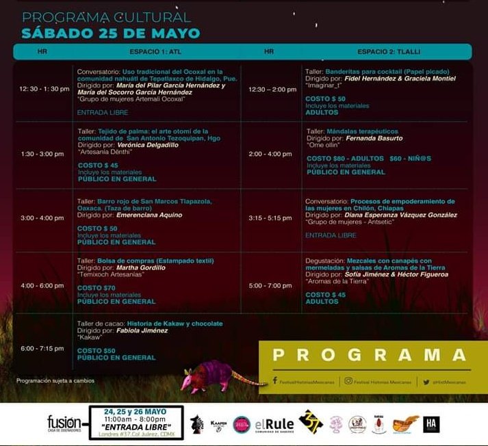 HistMexicanas's tweet photo. Programa Cultural del Festival Historias Mexicanas 
Música, talleres, artesanía y más en  @BazarFUSION  del 24 al 26 de mayo 2019
#EntradaLibre https://t.co/xnnpAVw6hO