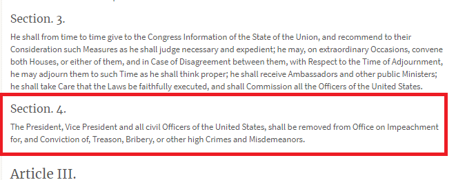 3- Here is the infamous Article 2 clause. It's vague. "Treason, Bribery, or other high Crimes and Misdemeanors". The key phrase is "and Misdemeanors". What the %!@$ does that mean? In short, it can be whatever Congress wants it to be (cont).
