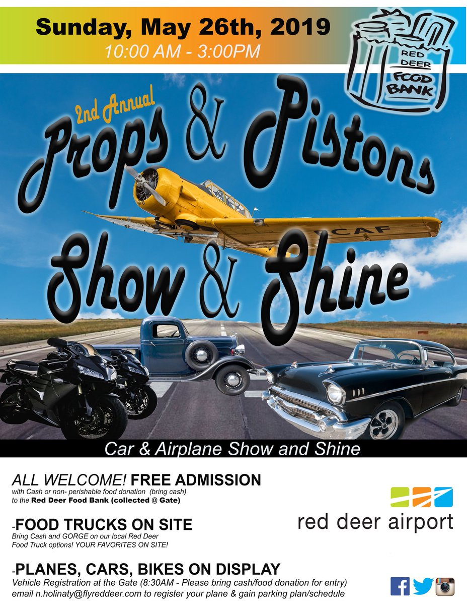flyreddeer's tweet photo. Don't forget, Props and Pistons is tomorow from 10:00am-3:00pm! We have giveaways, trophies for fan favorites, and #foodtrucks!! @CheddaHeads @CanadianForces @RedDeerCounty @theHiveQB https://t.co/gvNV8H8RKz