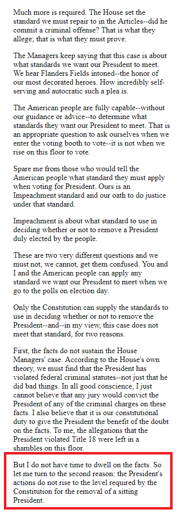 4- Historically, it has generally been accepted that the "Treason, Bribery, or other high Crimes" part set a high bar. In fact, Joe Biden babbled endlessly about this in his statement defending his Bill Clinton acquittal vote. http://www.cnn.com/ALLPOLITICS/stories/1999/02/12/senate.statements/biden.html