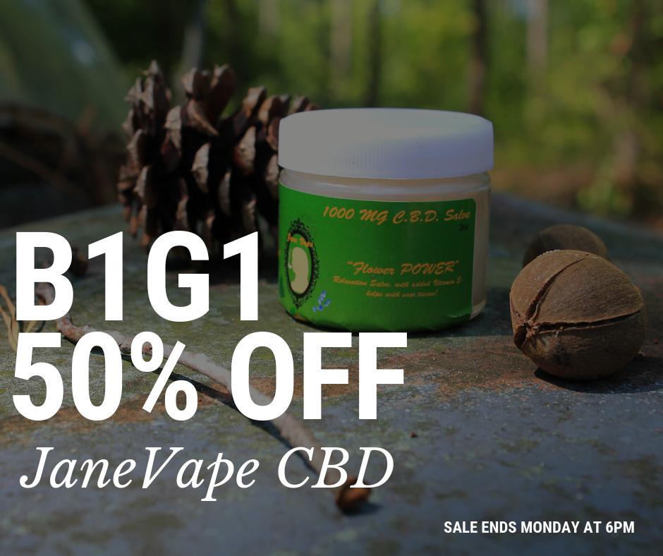 cbdmsa's tweet photo. Stock up on your favorite #JaneVape #CBD salves B1G1 50% off #MemorialDayWeekendSale #MesaAZ https://t.co/jYPwZA1Pod