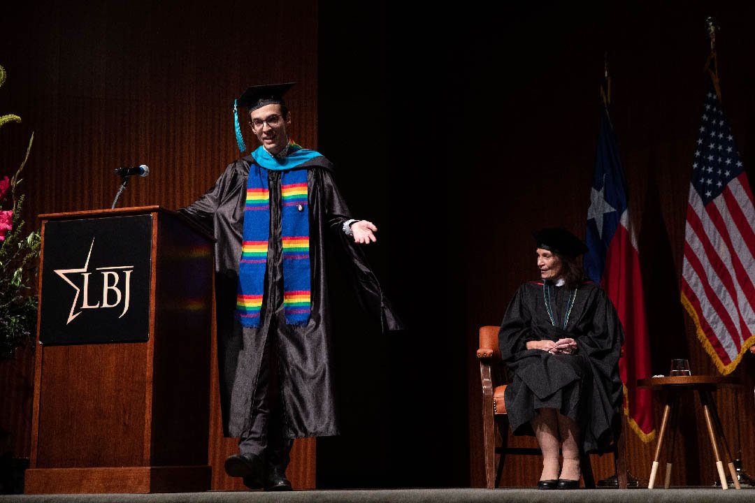 TheLBJSchool's tweet image. Our @doubleWaynebow shows off his dad's boots. Congratulations, Wayne!  #LBJGrad19 #UTGrad19