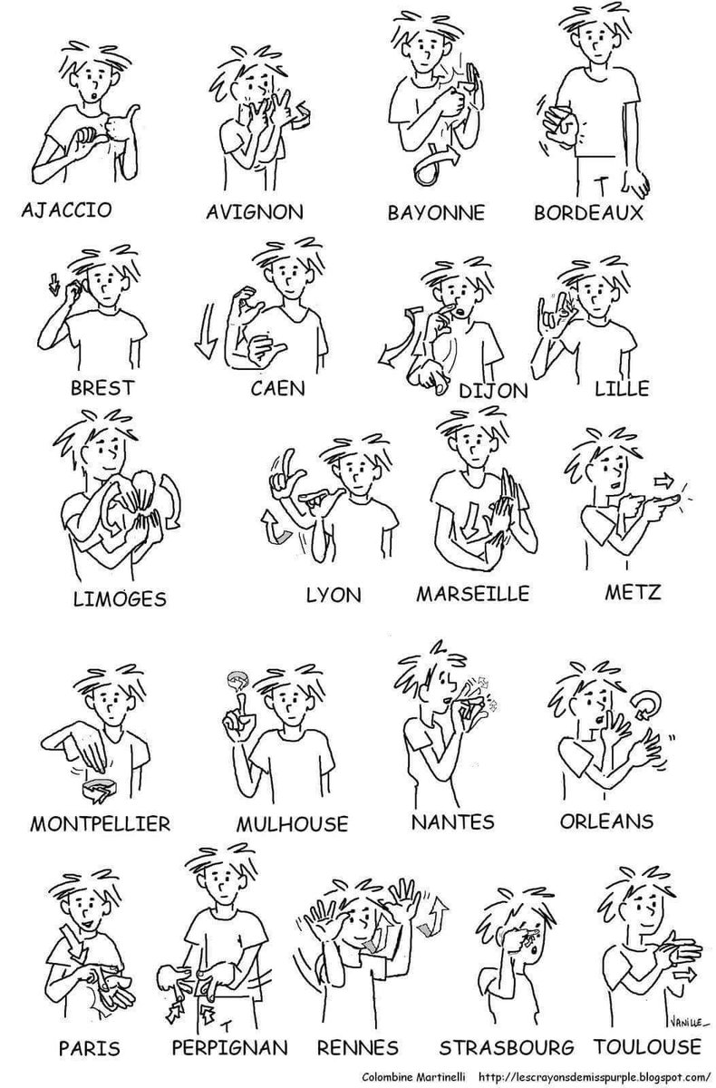 Quelques noms de villes en LSF

-> via Association Région Nouvelle Aquitaine Sourds LGBT.

#lsf #languedesignes #lgbt #sourds #nouvelleaquitaine #ditesleenlanguedessignes