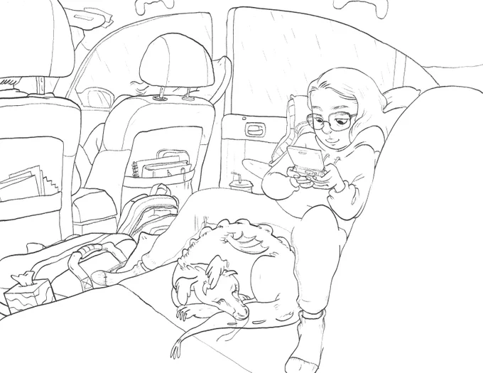 A drawing from last summer that I totally forgot about when I was working on a children's book illustration portfolio. I have fond memories of playing my gameboy on road trips :) 