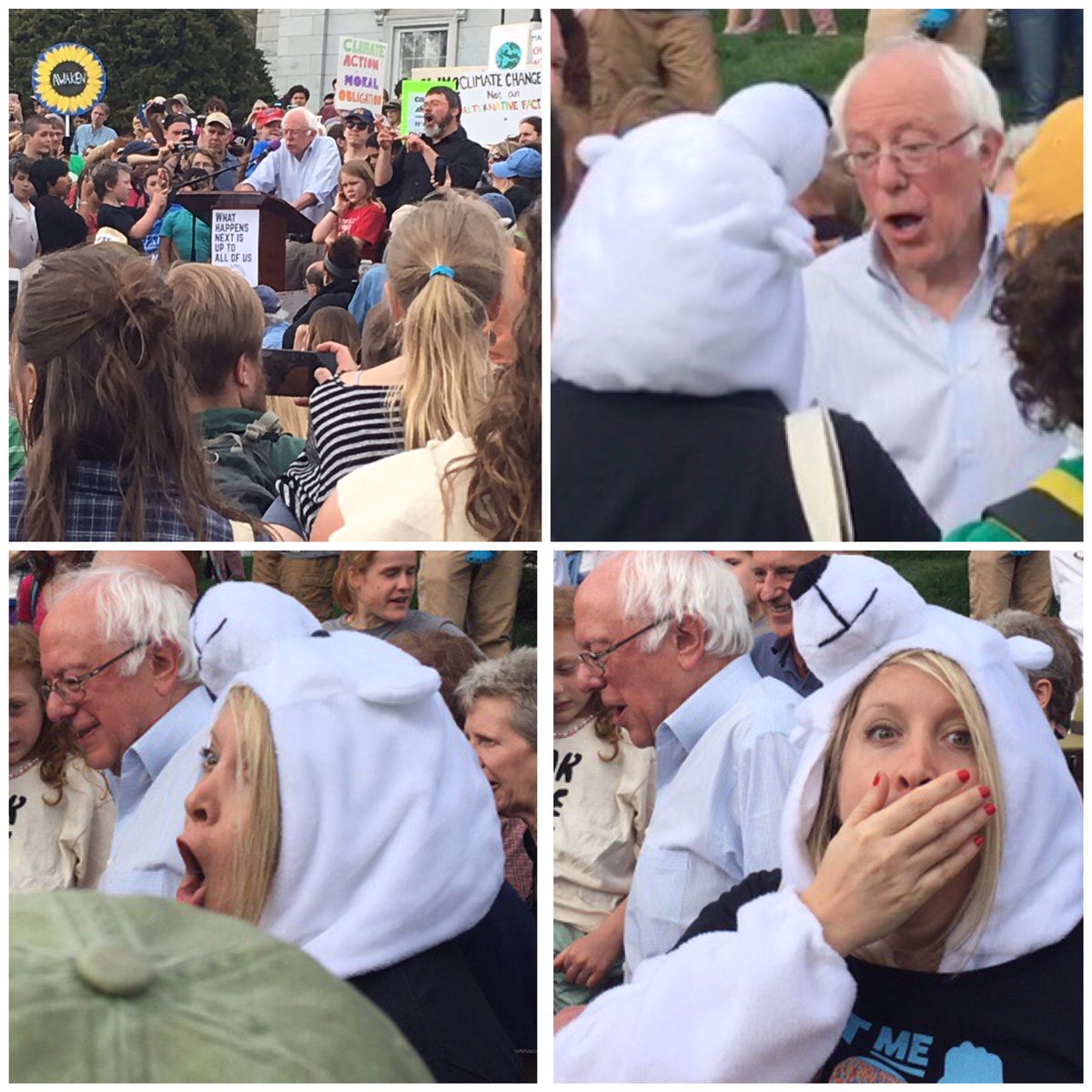 OurRev305's tweet image. When one of members met Bernie at a climate change rally in Montpelier-wearing a #NotMeUs tee over a polar bear onesie- 🤣🤣🤣 #BernieInVT #Bernie2020 #BernieInMontpelier #FeelTheBern