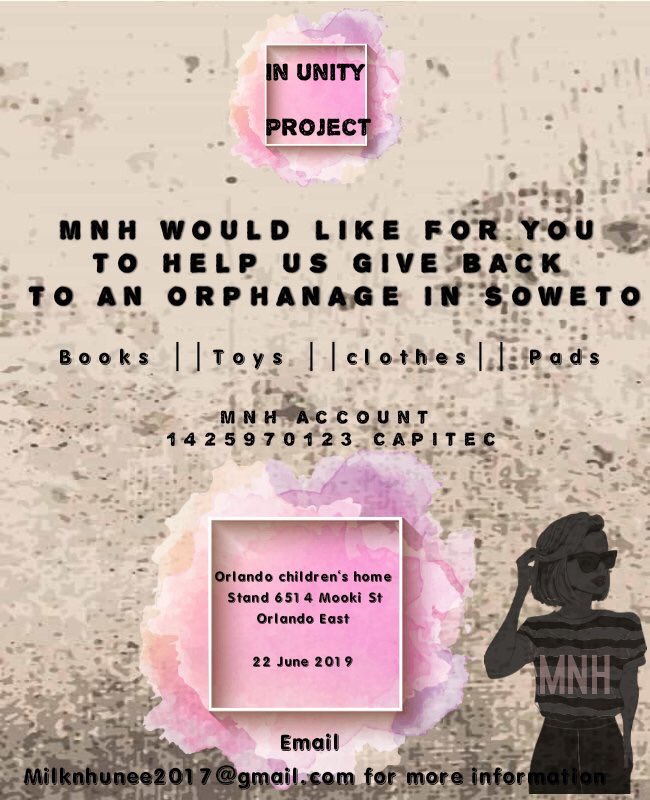 PadMyKasi's tweet photo. “No one has ever becoming poor by giving” - Anne Frank 

@MilknHunee_2018 would like your assistance in making a difference, any donations will be greatly appreciated. 🌸

Please DM us or them to make arrangements for any items you’d like to drop off.
#GirlTalkZA #KingTalkZA https://t.co/TdKNVZnVrI