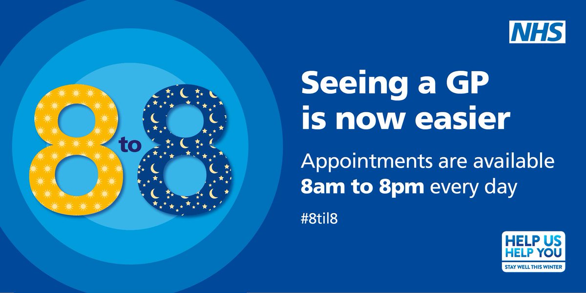 SWLNHS's tweet photo. There are additional GP appointments now on offer in your area, #8til8 seven days a week, so you can book a time that fits in with your schedule! #HelpUsHelpYou https://t.co/glZOx2BoMr