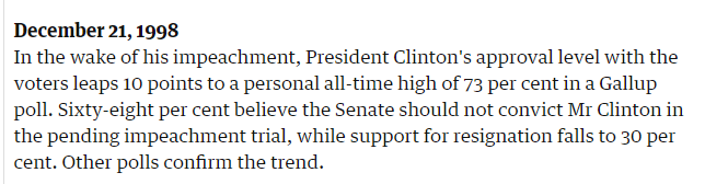 13- The Senate acquitted Clinton, largely along party lines. Interesting to note is that Clinton's approval ratings increased significantly during this process, & the GOP lost House control in the 1998 midterms. This is what Nancy Pelosi is worried about (rightfully).