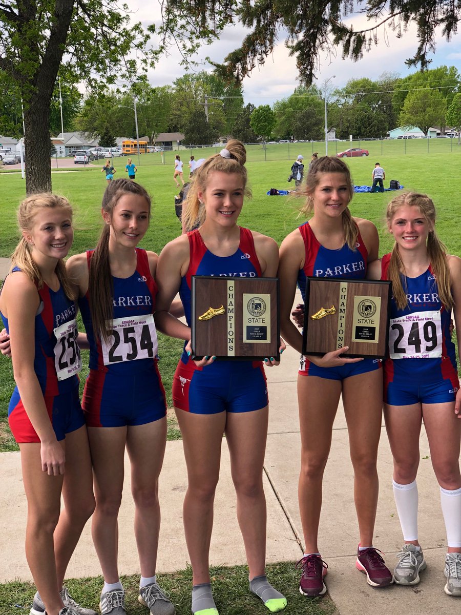 PBjorneberg's tweet photo. Congratulations to these 5 girls for bringing home two relay championships.  Lexi, Rayna and @Karley_Peters ran on both the 400m and 800m relays and Ellie was on 800 while Raelin led off the 400m.  So proud!! https://t.co/AhlB1pG9Ql