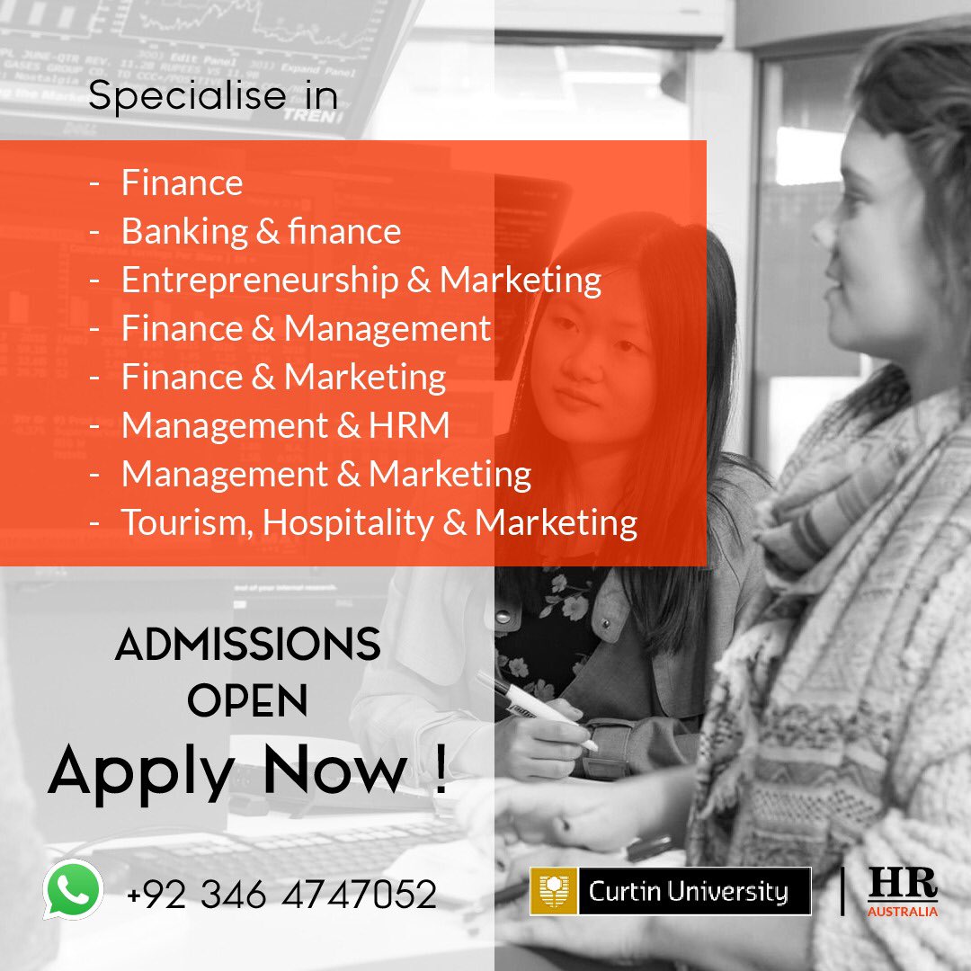 hrconsultantspk's tweet photo. Choose from a variety of specialisations to study in a top ranked university in #Australia! Avail up to 20% scholarship from Curtin University by applying through #HRConsultants.
Call us at 03464747052
OR
visit our website: https://t.co/HxophZZfiY
#Pakistan #StudyWithHR https://t.co/4vOokfqMS5