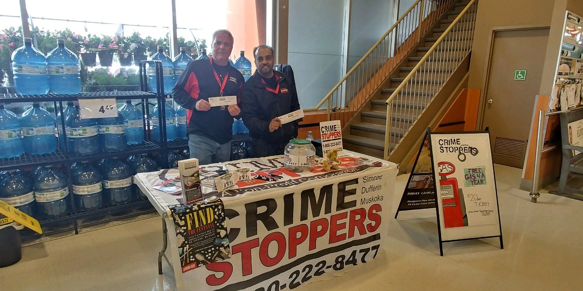A big thanks to our amazing <a href="/CrimeSDM/">Crime Stoppers SDM</a> volunteers who were at <a href="/sobeys/">Sobeys</a> #Innisfil today raising awareness about the program and selling "Gas for a Year" tickets.

They will be back tomorrow from 10am - 2pm. Stop by and support a great cause.