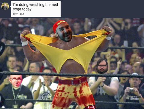 Carbonics's tweet photo. When your husband is in #Vegas for #AEWDoubleorNothing with his friends and you wake up to a text about "wrestling yoga" and this is what you first imagine.

@ThiccSonic @tmorganjr @Dave_Philips

#WifeLife #marriage https://t.co/QwitDUFLNo